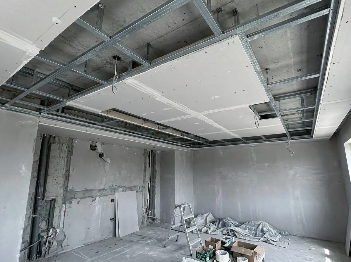 Avant : ossature métallique de faux plafond en cours de pose, premières plaques vissées