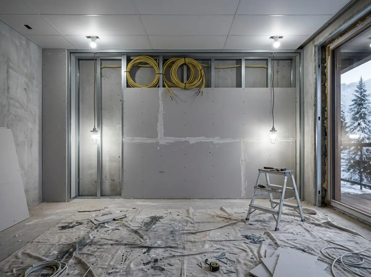 Avant : mur de chambre en ossature métallique et plaques, câbles en attente